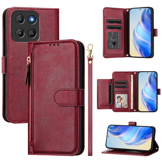 For Motorola Moto G15 4G Case Zipper Pocket Multiple Card Slots Leather Phone Cover - Red