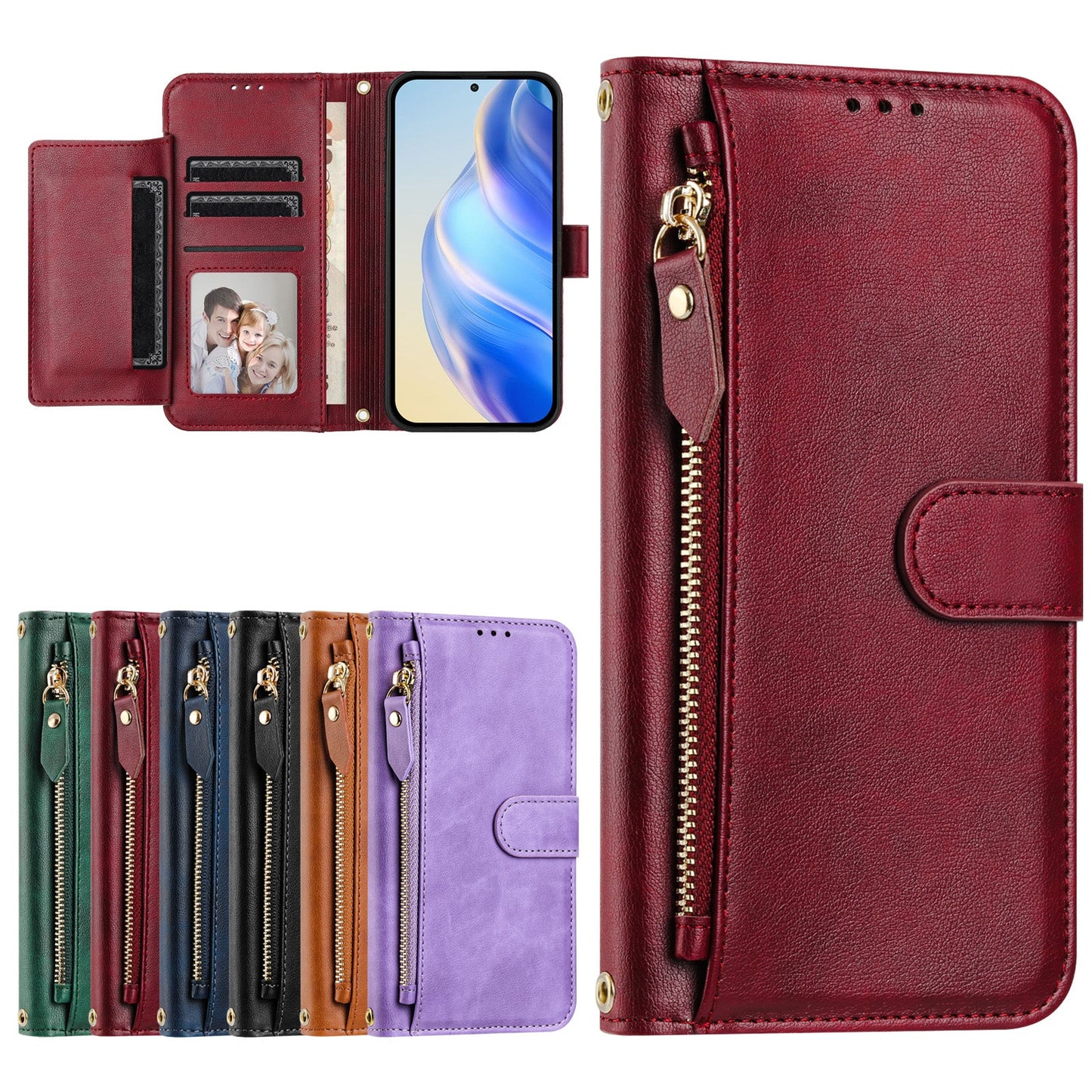 For Motorola Moto G15 4G Case Zipper Pocket Multiple Card Slots Leather Phone Cover - Red