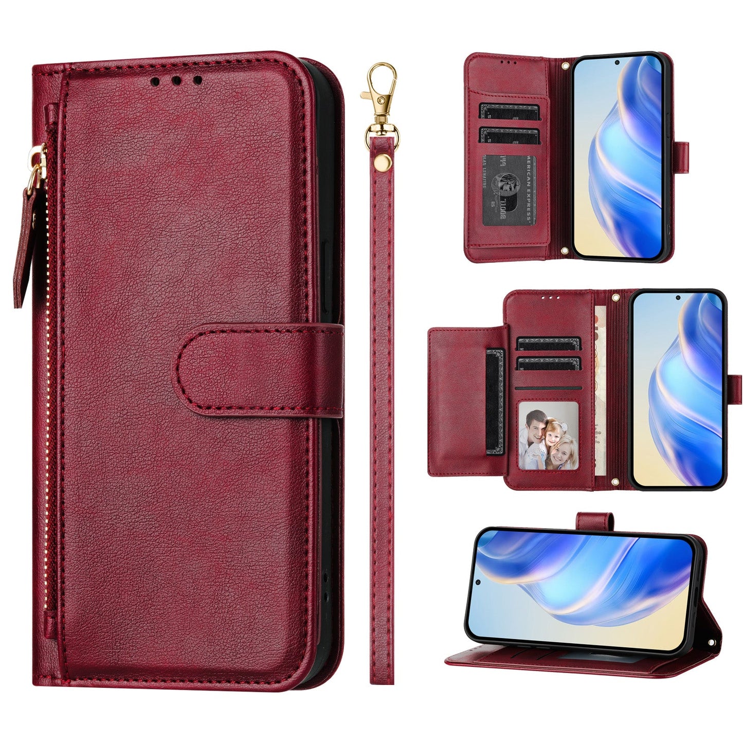 For Motorola Moto G15 4G Case Zipper Pocket Multiple Card Slots Leather Phone Cover - Red