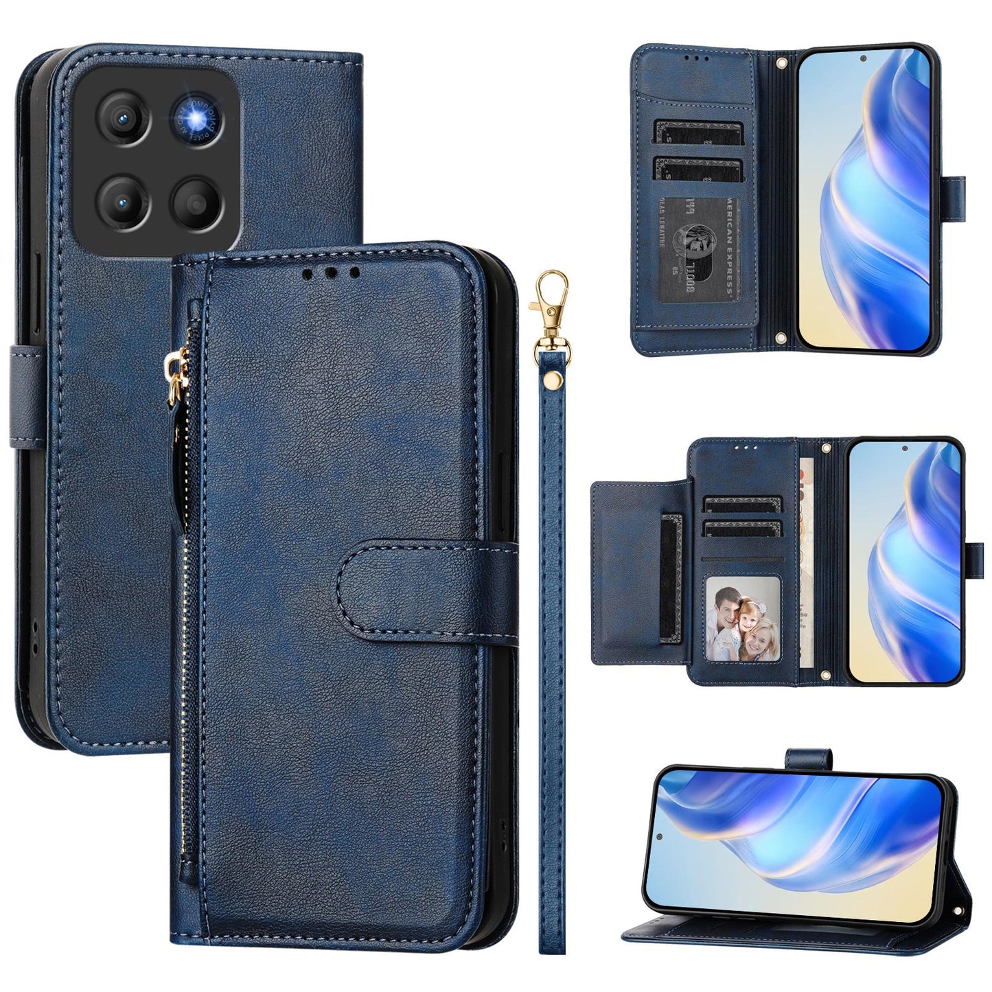 For Motorola Moto G15 4G Case Zipper Pocket Multiple Card Slots Leather Phone Cover - Blue