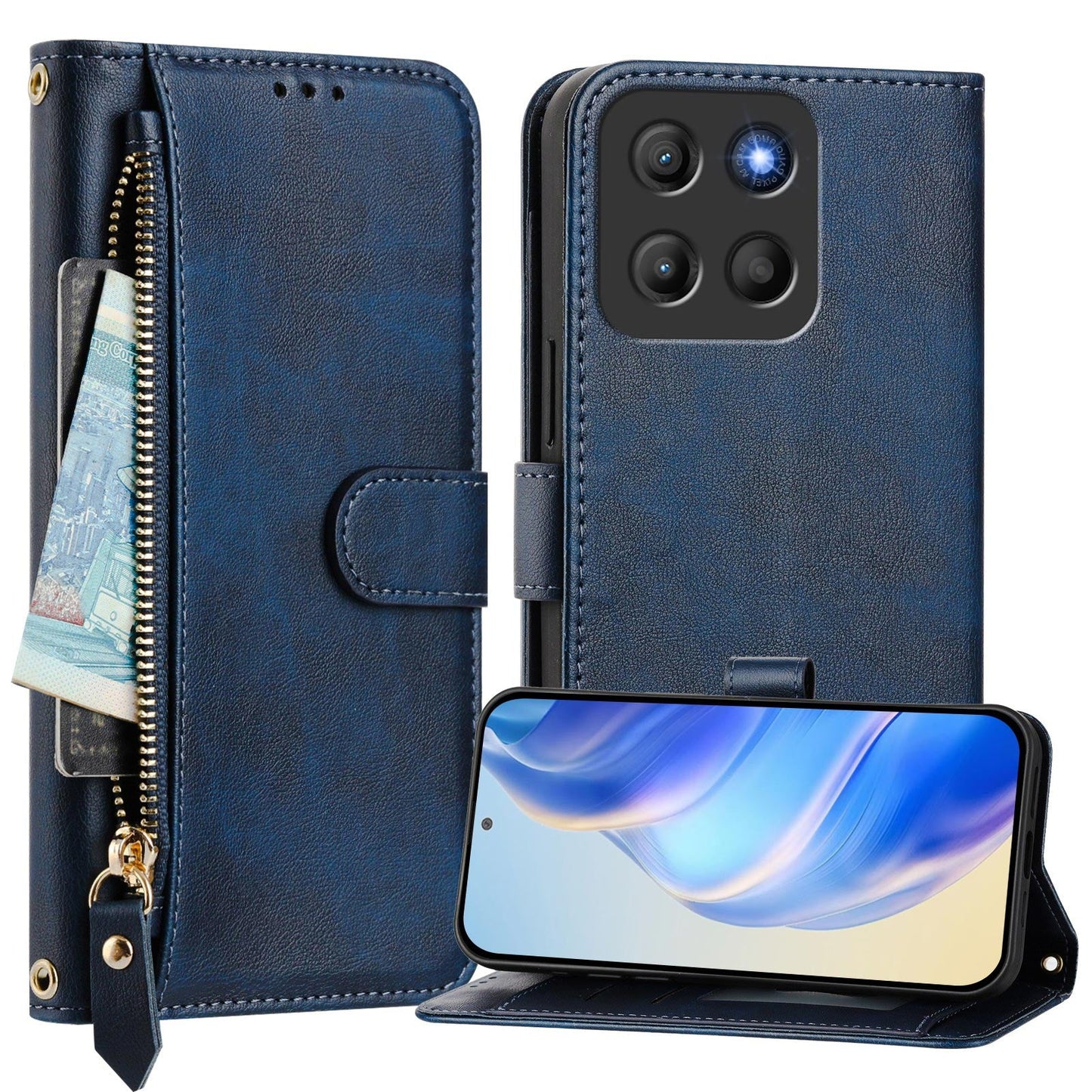 For Motorola Moto G15 4G Case Zipper Pocket Multiple Card Slots Leather Phone Cover - Blue