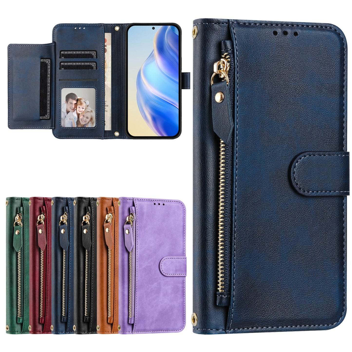 For Motorola Moto G15 4G Case Zipper Pocket Multiple Card Slots Leather Phone Cover - Blue