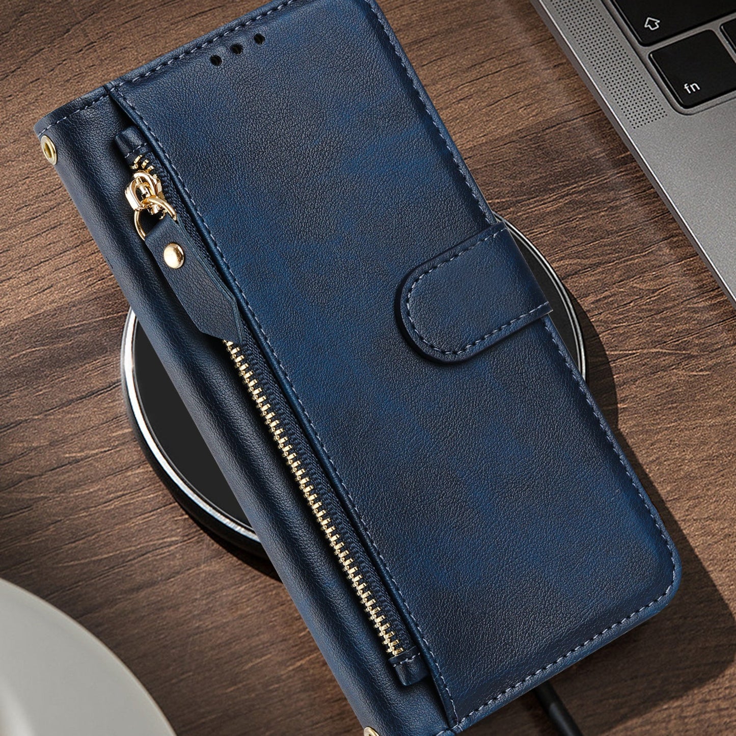 For Motorola Moto G15 4G Case Zipper Pocket Multiple Card Slots Leather Phone Cover - Blue