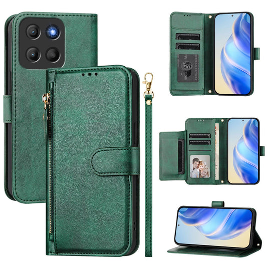 For Motorola Moto G15 4G Case Zipper Pocket Multiple Card Slots Leather Phone Cover - Green