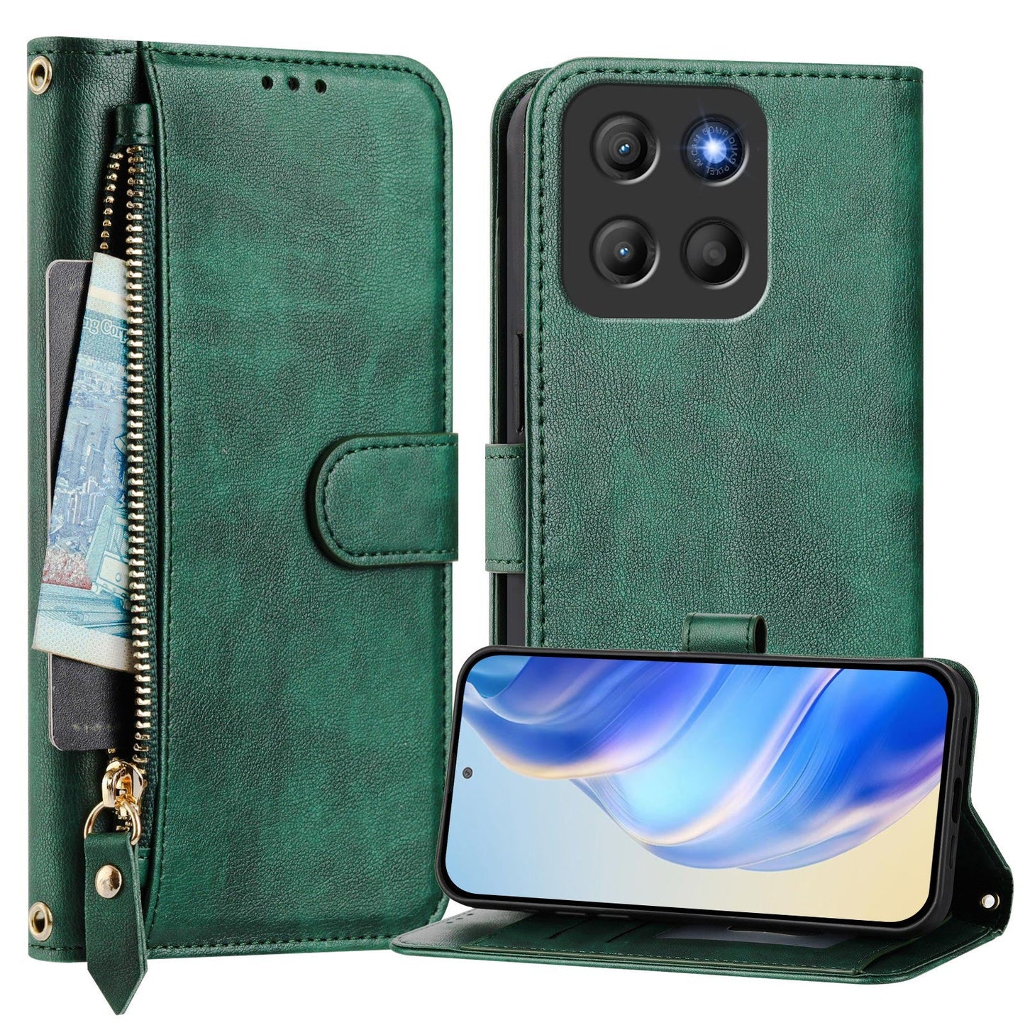 For Motorola Moto G15 4G Case Zipper Pocket Multiple Card Slots Leather Phone Cover - Green