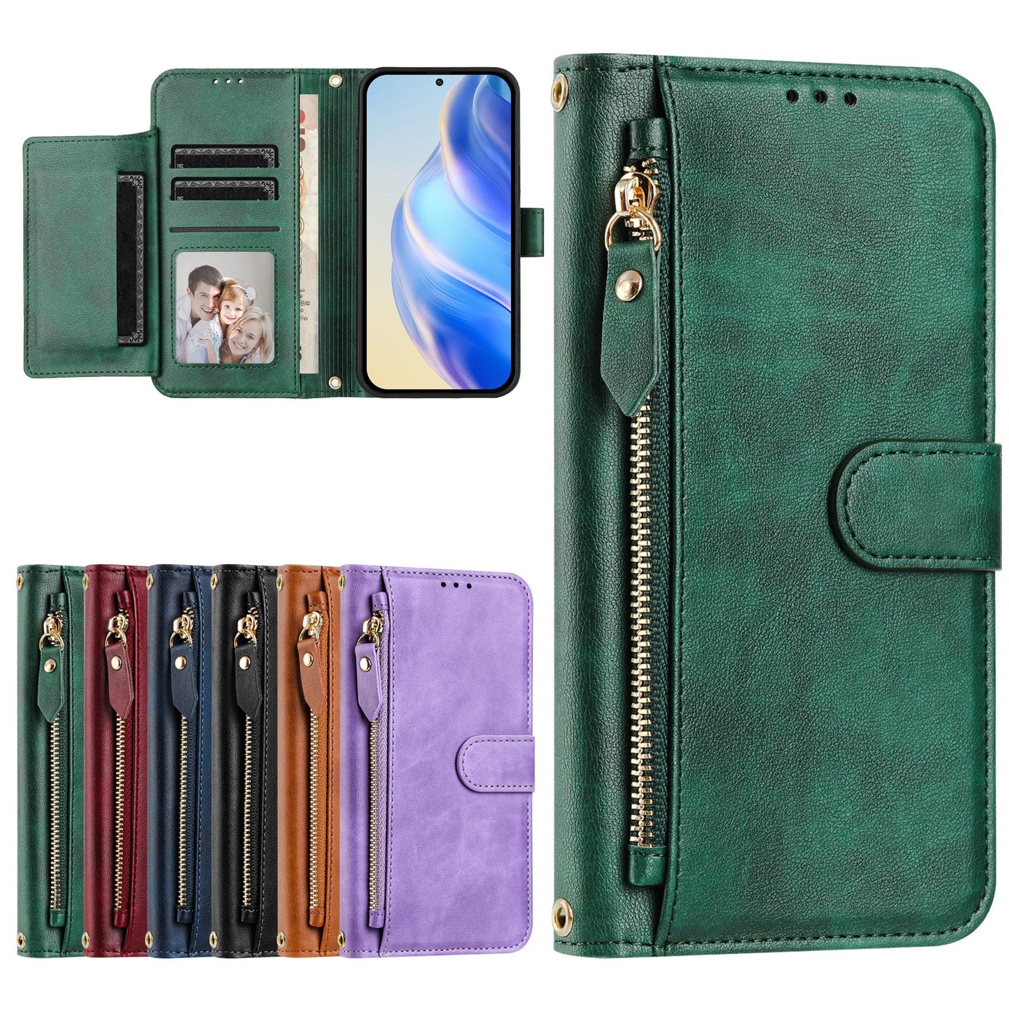 For Motorola Moto G15 4G Case Zipper Pocket Multiple Card Slots Leather Phone Cover - Green