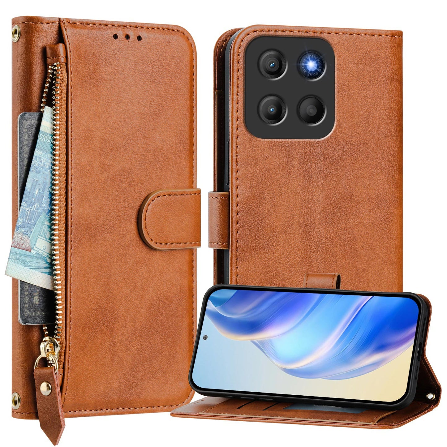 For Motorola Moto G15 4G Case Zipper Pocket Multiple Card Slots Leather Phone Cover - Brown
