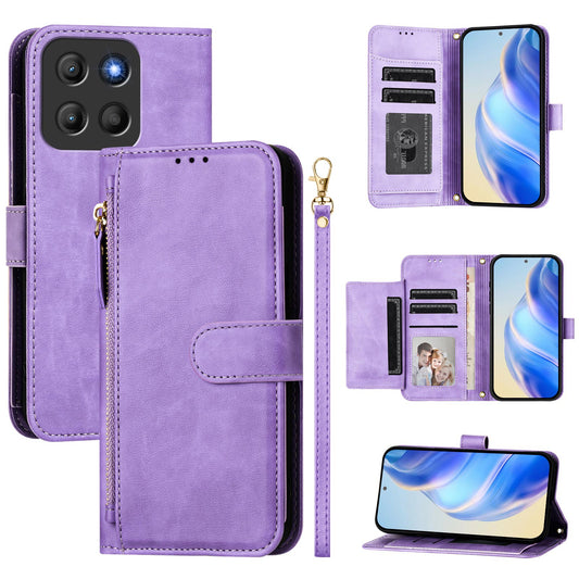 For Motorola Moto G15 4G Case Zipper Pocket Multiple Card Slots Leather Phone Cover - Purple