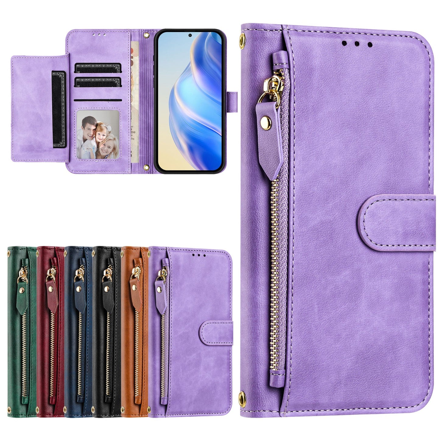 For Motorola Moto G15 4G Case Zipper Pocket Multiple Card Slots Leather Phone Cover - Purple