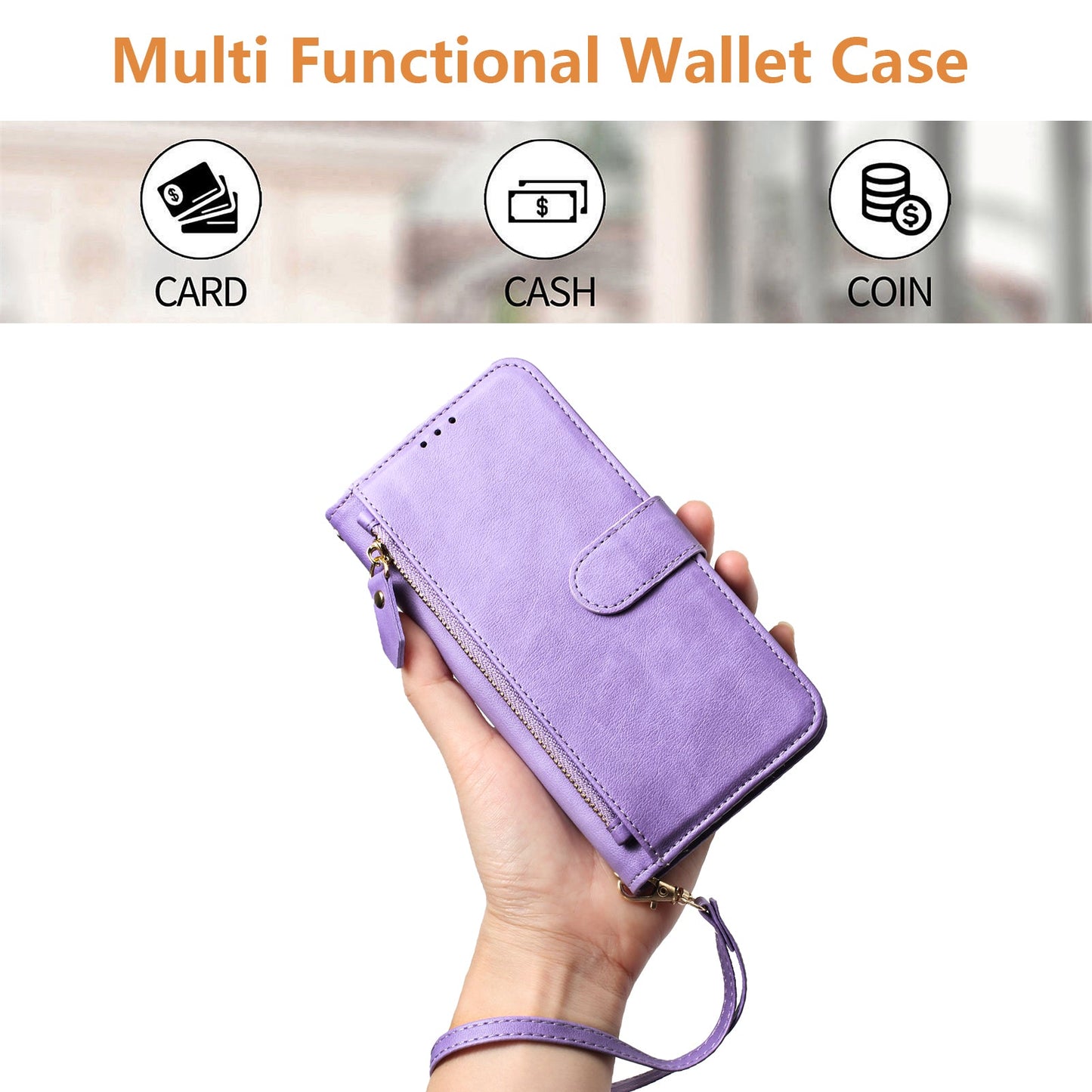 For Motorola Moto G15 4G Case Zipper Pocket Multiple Card Slots Leather Phone Cover - Purple