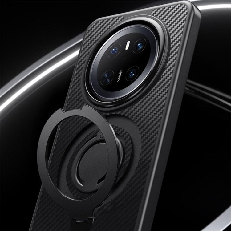 For Huawei Mate 70 Case Compatible with MagSafe Kickstand Carbon Fiber Texture PC + TPU Back Cover with Silicone Ring - Black