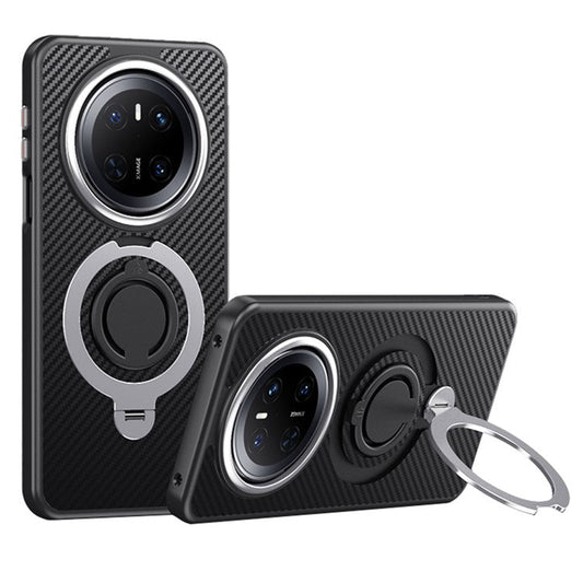 For Huawei Mate 70 Case Compatible with MagSafe Kickstand Carbon Fiber Texture PC + TPU Back Cover with Silicone Ring - Silver