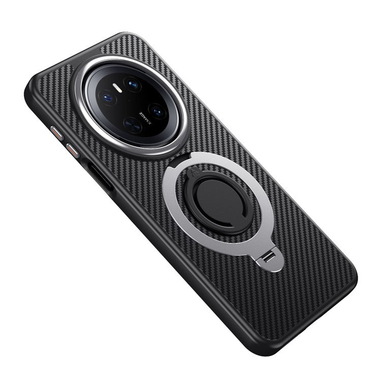 For Huawei Mate 70 Case Compatible with MagSafe Kickstand Carbon Fiber Texture PC + TPU Back Cover with Silicone Ring - Silver