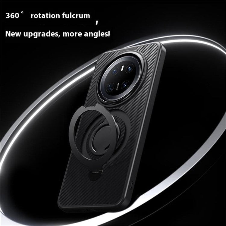 For Huawei Mate 70 Case Compatible with MagSafe Kickstand Carbon Fiber Texture PC + TPU Back Cover with Silicone Ring - Silver