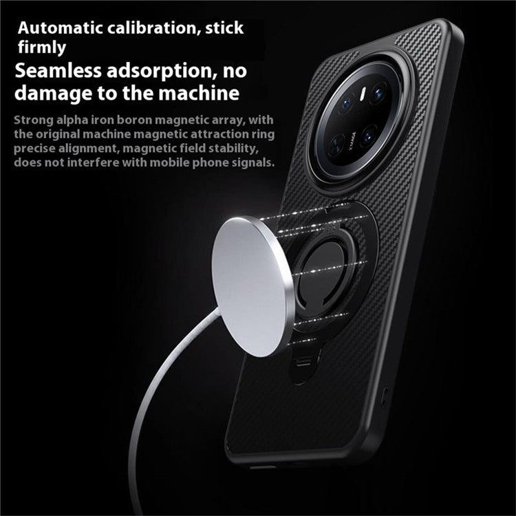 For Huawei Mate 70 Case Compatible with MagSafe Kickstand Carbon Fiber Texture PC + TPU Back Cover with Silicone Ring - Silver