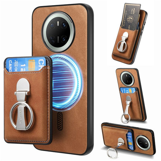 For Huawei Mate 70 Case Compatible with MagSafe Skin-Touch Cover with Card Bag Kickstand - Brown