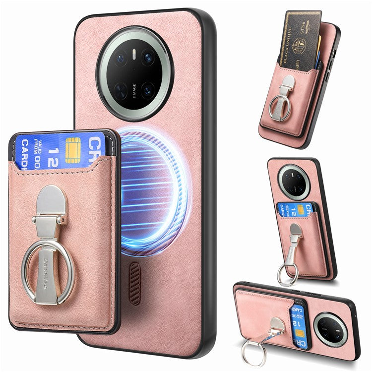For Huawei Mate 70 Case Compatible with MagSafe Skin-Touch Cover with Card Bag Kickstand - Pink