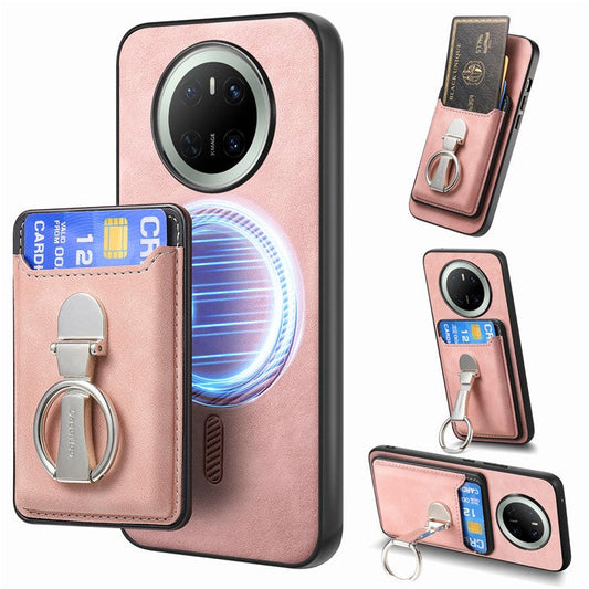 For Huawei Mate 70 Case Compatible with MagSafe Skin-Touch Cover with Card Bag Kickstand - Pink