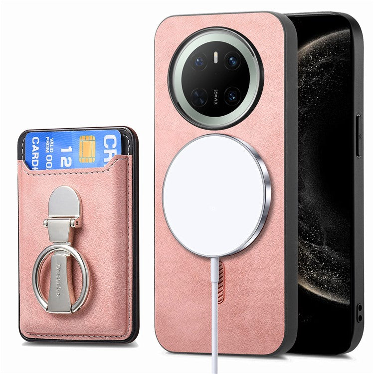 For Huawei Mate 70 Case Compatible with MagSafe Skin-Touch Cover with Card Bag Kickstand - Pink