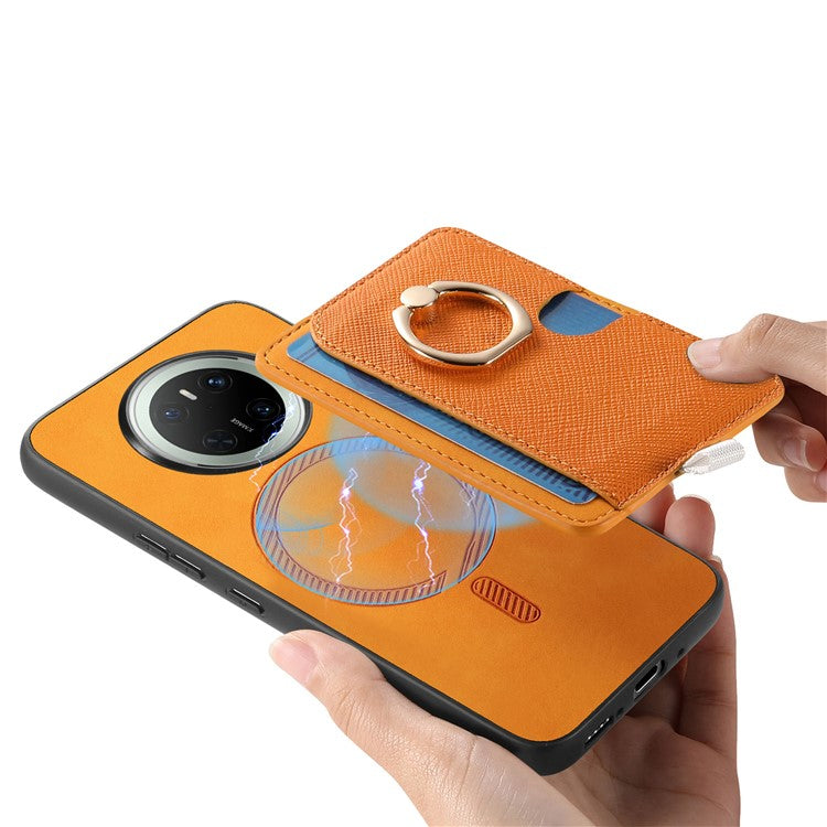 For Huawei Mate 70 Case Ring Kickstand Leather + TPU + PC Phone Cover Detachable Card Holder - Orange