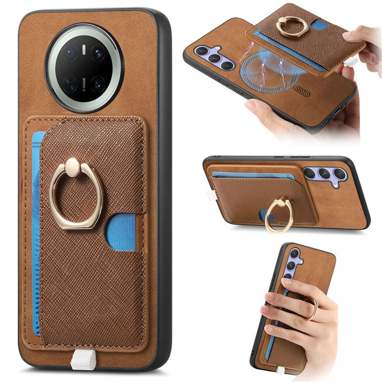 For Huawei Mate 70 Case Ring Kickstand Leather + TPU + PC Phone Cover Detachable Card Holder - Brown