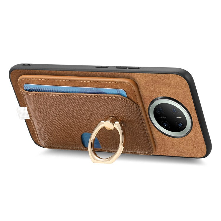For Huawei Mate 70 Case Ring Kickstand Leather + TPU + PC Phone Cover Detachable Card Holder - Brown