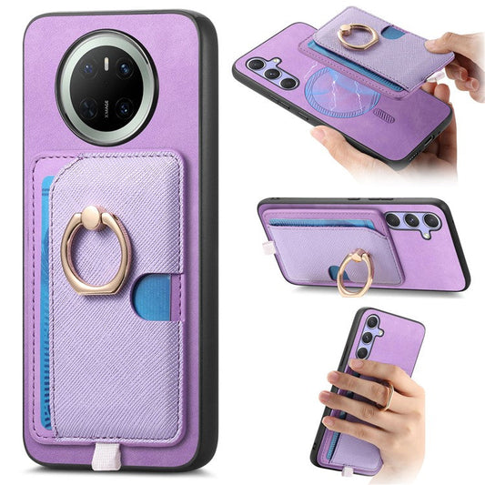 For Huawei Mate 70 Case Ring Kickstand Leather + TPU + PC Phone Cover Detachable Card Holder - Purple