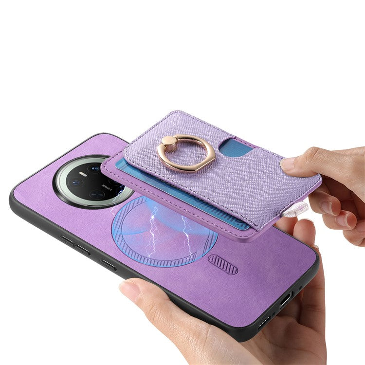 For Huawei Mate 70 Case Ring Kickstand Leather + TPU + PC Phone Cover Detachable Card Holder - Purple