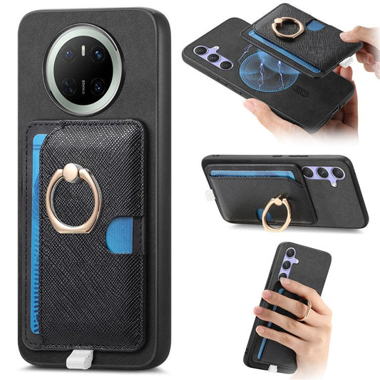 For Huawei Mate 70 Case Ring Kickstand Leather + TPU + PC Phone Cover Detachable Card Holder - Black