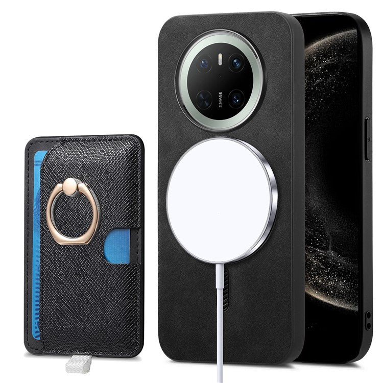 For Huawei Mate 70 Case Ring Kickstand Leather + TPU + PC Phone Cover Detachable Card Holder - Black