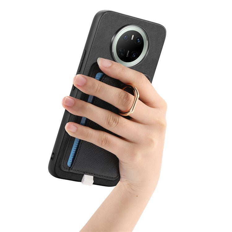 For Huawei Mate 70 Case Ring Kickstand Leather + TPU + PC Phone Cover Detachable Card Holder - Black