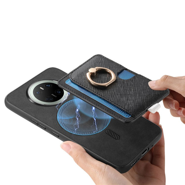 For Huawei Mate 70 Case Ring Kickstand Leather + TPU + PC Phone Cover Detachable Card Holder - Black