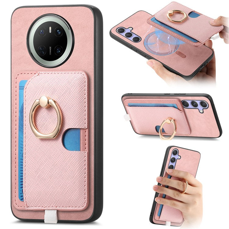 For Huawei Mate 70 Case Ring Kickstand Leather + TPU + PC Phone Cover Detachable Card Holder - Pink