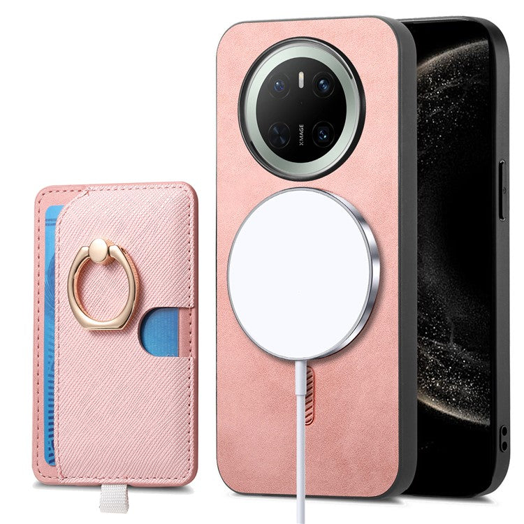For Huawei Mate 70 Case Ring Kickstand Leather + TPU + PC Phone Cover Detachable Card Holder - Pink