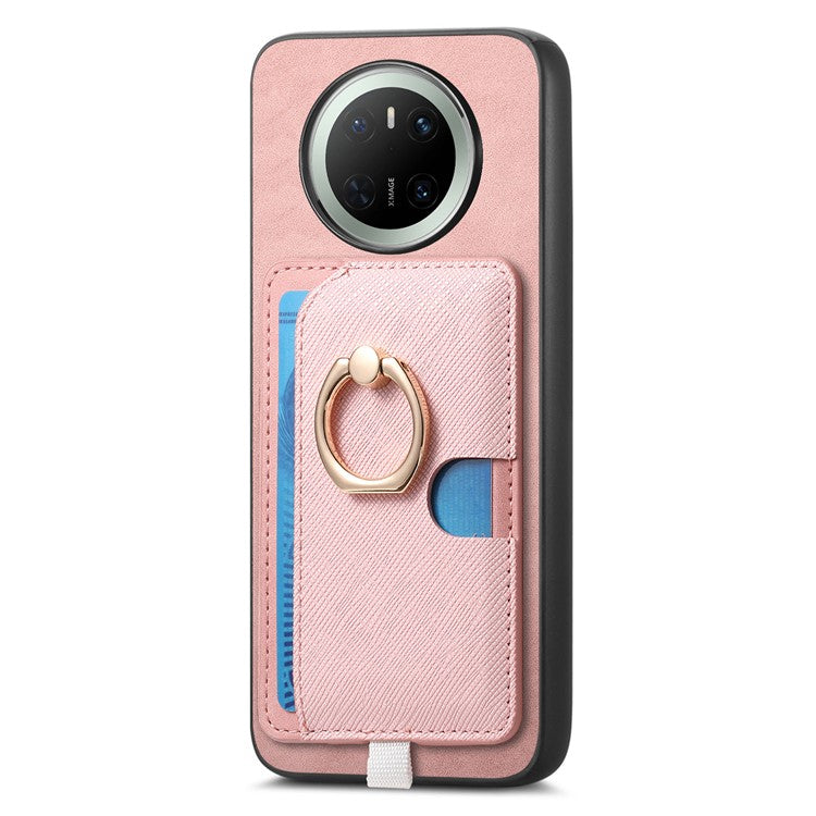 For Huawei Mate 70 Case Ring Kickstand Leather + TPU + PC Phone Cover Detachable Card Holder - Pink