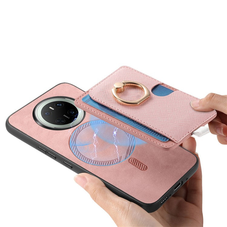 For Huawei Mate 70 Case Ring Kickstand Leather + TPU + PC Phone Cover Detachable Card Holder - Pink