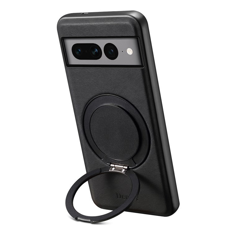 DENIOR A14 For Google Pixel 7 Pro 5G Magnetic Case Rotary Kickstand Leather PC TPU Phone Cover - Black