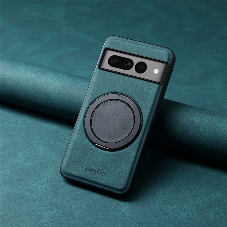 DENIOR A14 For Google Pixel 7 Pro 5G Magnetic Case Rotary Kickstand Leather PC TPU Phone Cover - Blue