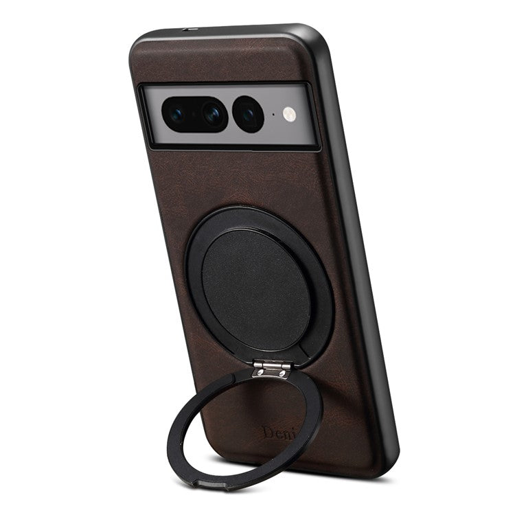 DENIOR A14 For Google Pixel 7 Pro 5G Magnetic Case Rotary Kickstand Leather PC TPU Phone Cover - Brown