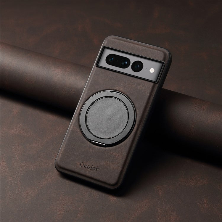 DENIOR A14 For Google Pixel 7 Pro 5G Magnetic Case Rotary Kickstand Leather PC TPU Phone Cover - Brown