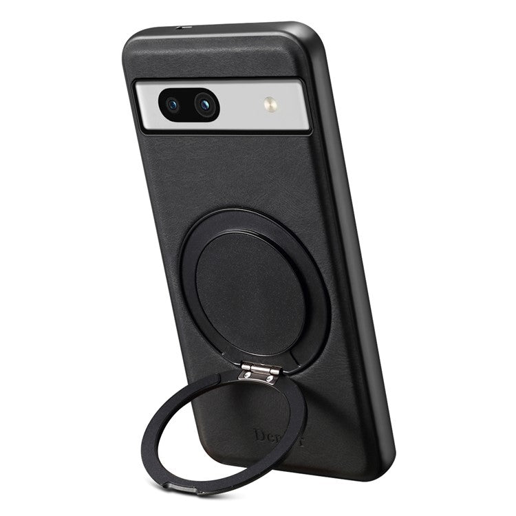 DENIOR A14 For Google Pixel 7a Magnetic Case Rotary Kickstand Leather PC TPU Phone Cover - Black