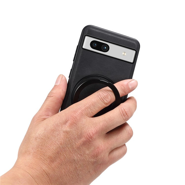 DENIOR A14 For Google Pixel 7a Magnetic Case Rotary Kickstand Leather PC TPU Phone Cover - Black