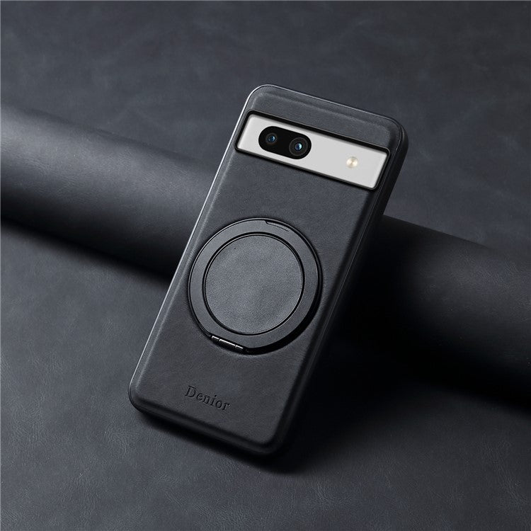 DENIOR A14 For Google Pixel 7a Magnetic Case Rotary Kickstand Leather PC TPU Phone Cover - Black