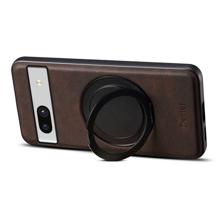 DENIOR A14 For Google Pixel 7a Magnetic Case Rotary Kickstand Leather PC TPU Phone Cover - Brown