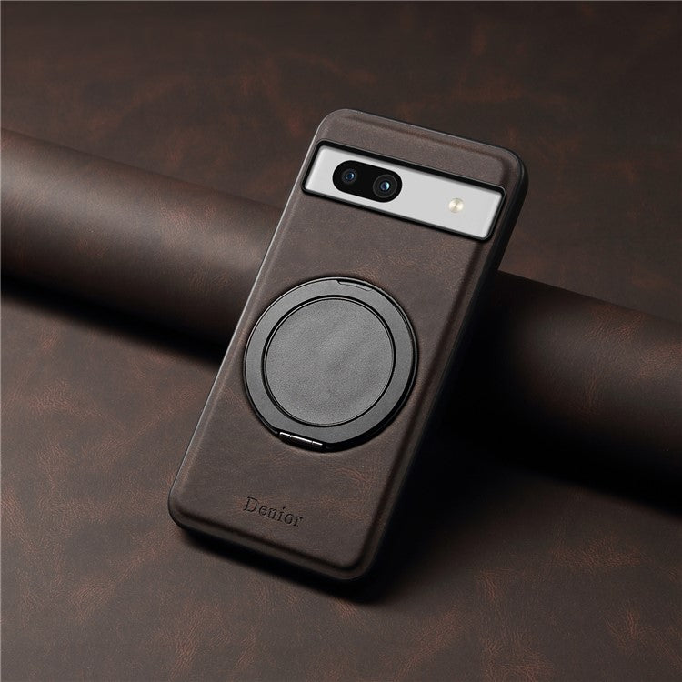 DENIOR A14 For Google Pixel 7a Magnetic Case Rotary Kickstand Leather PC TPU Phone Cover - Brown