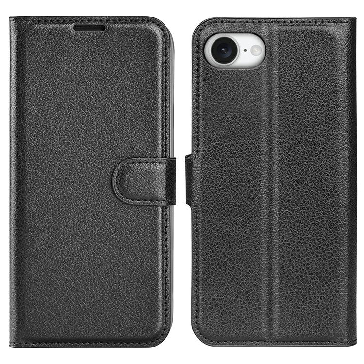 For iPhone 16e Case Litchi Texture Shockproof Leather Wallet Phone Cover - Black