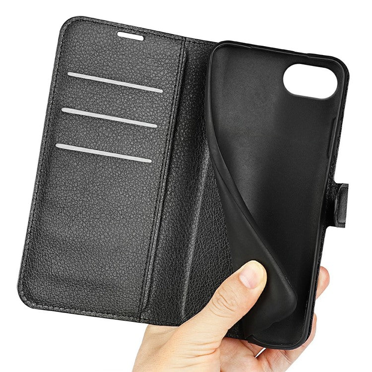 For iPhone 16e Case Litchi Texture Shockproof Leather Wallet Phone Cover - Black