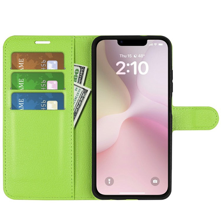 For iPhone 16e Case Litchi Texture Shockproof Leather Wallet Phone Cover - Green