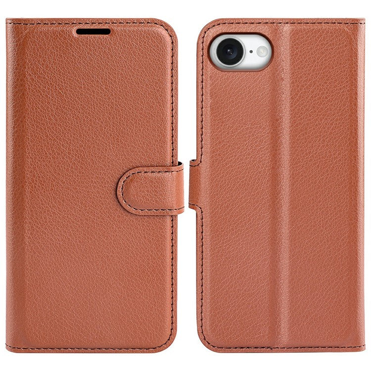 For iPhone 16e Case Litchi Texture Shockproof Leather Wallet Phone Cover - Brown