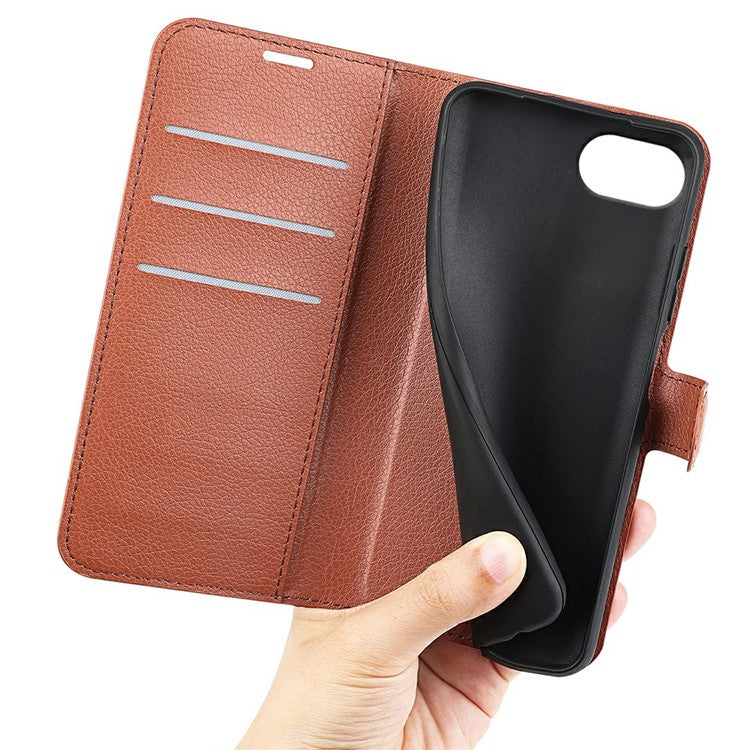 For iPhone 16e Case Litchi Texture Shockproof Leather Wallet Phone Cover - Brown